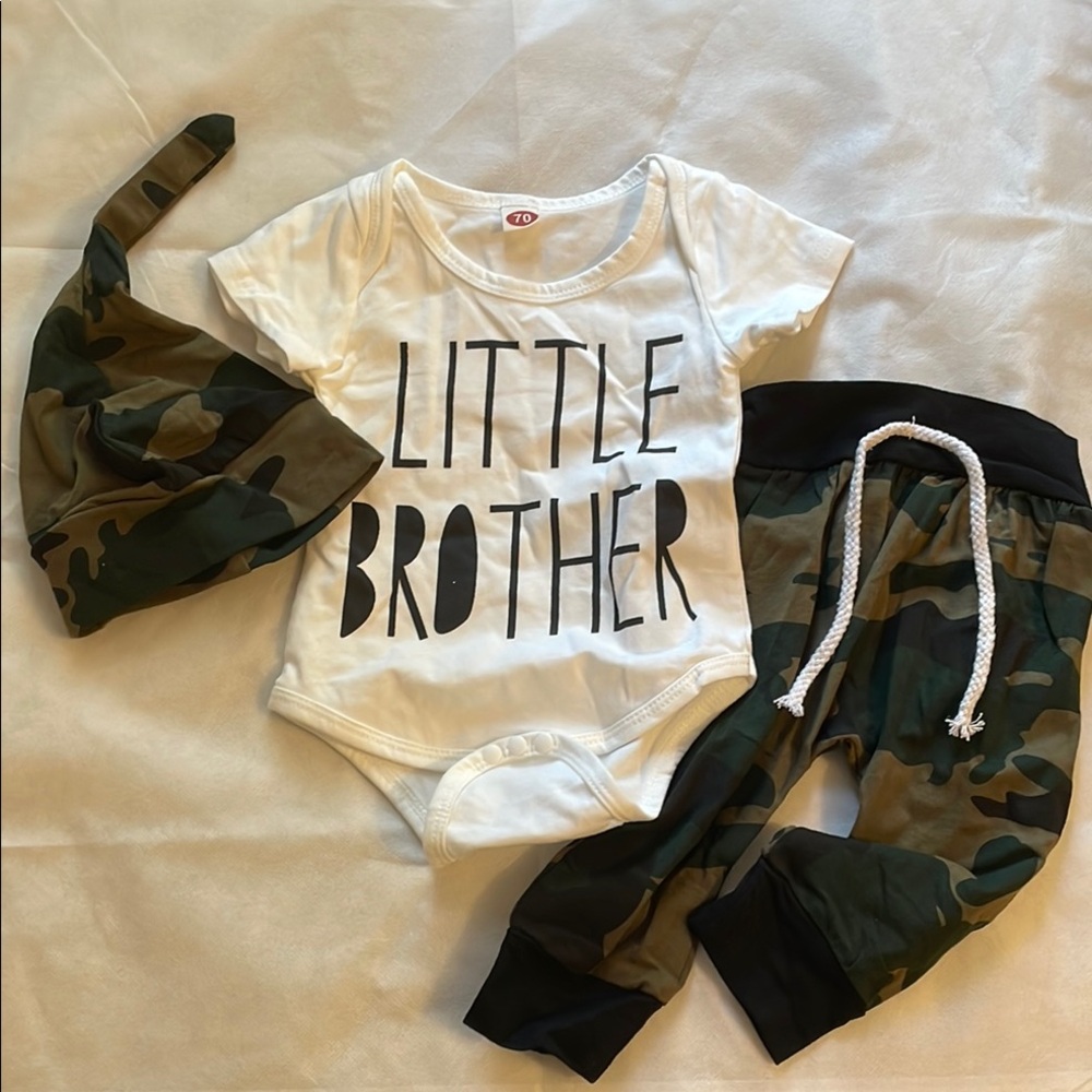 White 'Little Brother' Onesie with Camouflage Pants and Hat